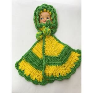 VTG Handmade Crochet Doll Face Pot Holders Green Yellow Kitchy Retro Kitchen